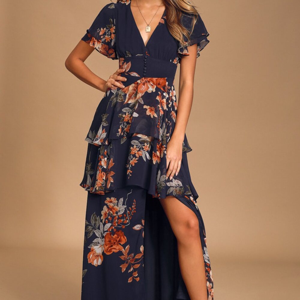 NWT Lulu's Midnight Mood Navy Blue Floral Print Tiered Maxi Dress